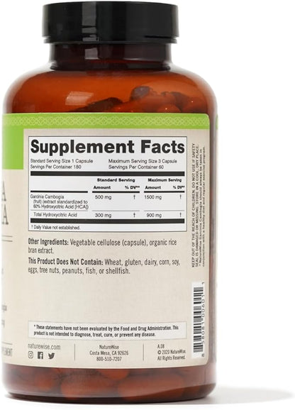 Naturewise Garcinia Cambogia - 60% HCA Concentration Extract, Natural Support for Weight Goals and Energy Levels - Vegan, Non-GMO, Gluten Free - 180 Capsules[2-6 Month Supply]