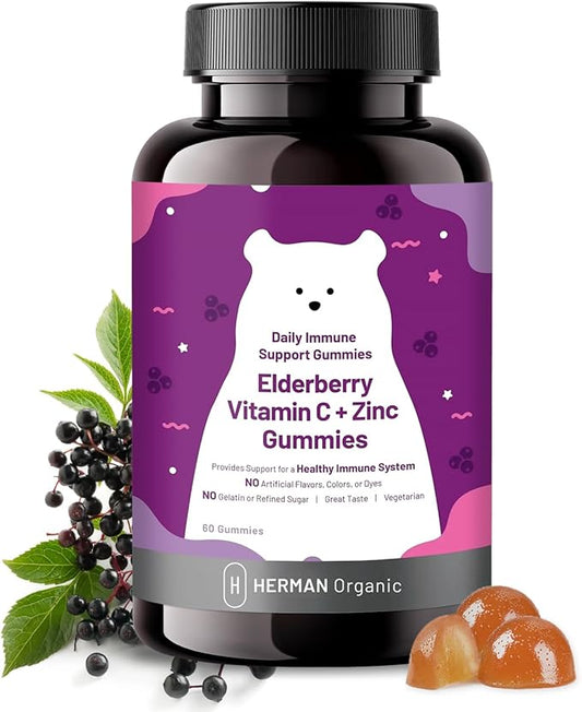 Herman Organic Elderberry Gummies for Kids and Adults,with Vitamin C, Zinc and Sodium, 3-in-1 Daily Immune Support Supplement,Gluten Free, Vegetarian(60 Gummies)