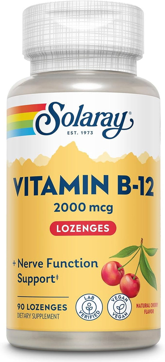 Solaray Vitamin B-12 2000 mcg No Sugar, Natural Cherry Flavor Healthy Energy & Red Blood Cell Support 90 Lozenges