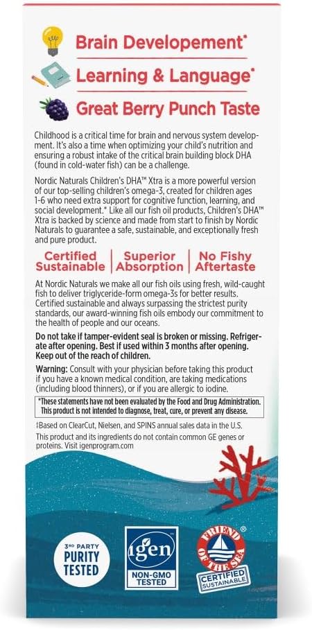 Nordic Naturals Children’s DHA Xtra, Berry Punch - 2 oz for Kids - 880 mg Total Omega-3s with EPA & DHA - Cognitive & Immune Function, Learning, Social Development - Non-GMO - 48 Servings