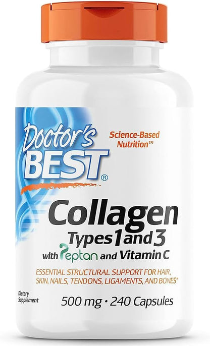 Doctor's Best Collagen Types 1 & 3 with Vitamin C, Non-GMO, Gluten Free, Soy Free, Supports Hair, Skin, Nails, Tendons & Bones, 500 mg, 240 Caps (DRB-00263)