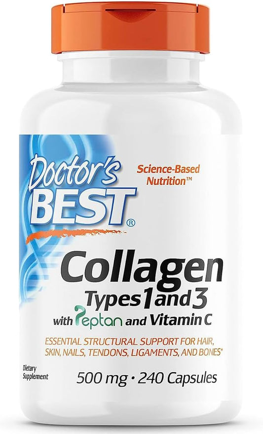 Doctor's Best Collagen Types 1 & 3 with Vitamin C, Non-GMO, Gluten Free, Soy Free, Supports Hair, Skin, Nails, Tendons & Bones, 500 mg, 240 Caps (DRB-00263)