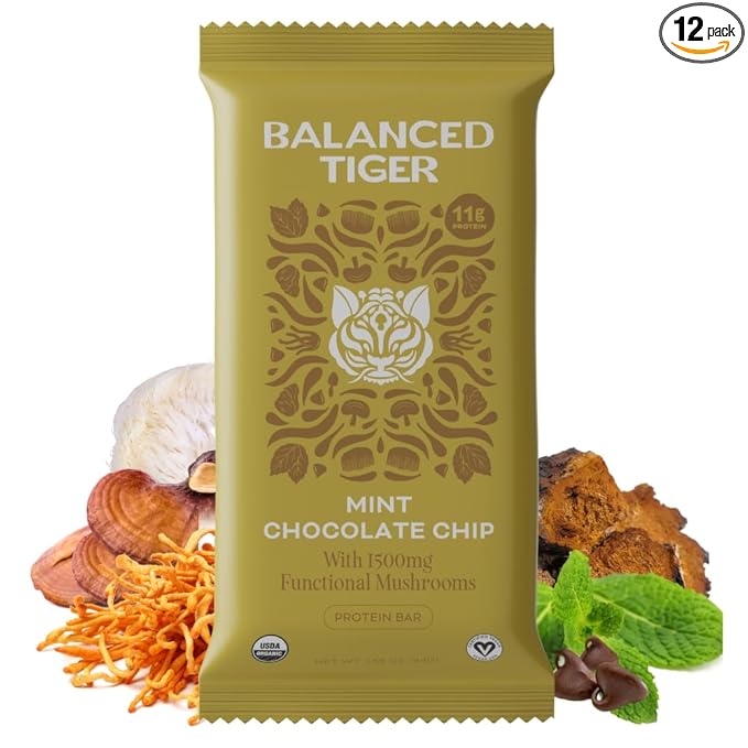 Organic Functional Mushroom Protein Bars | Full Dose (1500mg) Lions Mane, Chaga, Reishi & Cordyceps Bars | Vegan Protein Bars, Adaptogens, Superfoods Protein Bars | Mint Chocolate Chip Flavor