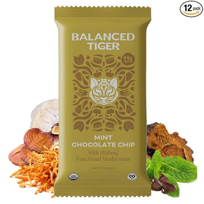 Organic Functional Mushroom Protein Bars | Full Dose (1500mg) Lions Mane, Chaga, Reishi & Cordyceps Bars | Vegan Protein Bars, Adaptogens, Superfoods Protein Bars | Mint Chocolate Chip Flavor