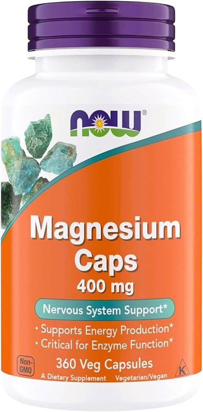 NOW Supplements Magnesium 400mg - Enzyme Function*, Nervous System Support* - Magnesium Supplement for Men and Women, 360 Veg Capsules, Kosher, Vegan, Gluten-Free Magnesium Supplements