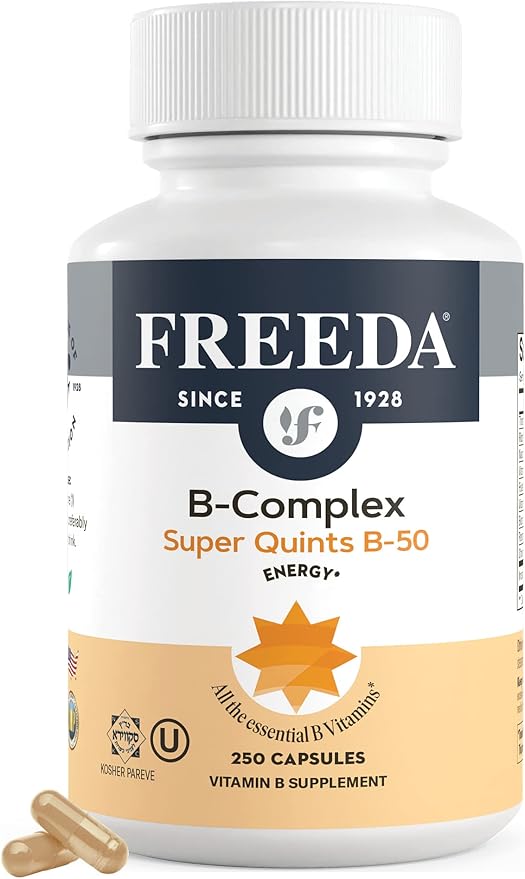 FREEDA Vitamin B Complex - Kosher Super B Complex Vitamin Supplement for Women & Men with Biotin, Vitamin B12, B1, B2, B3, B6, Folic Acid - Energy Metabolism Booster - Super Quints B-50 (250 Capsules)