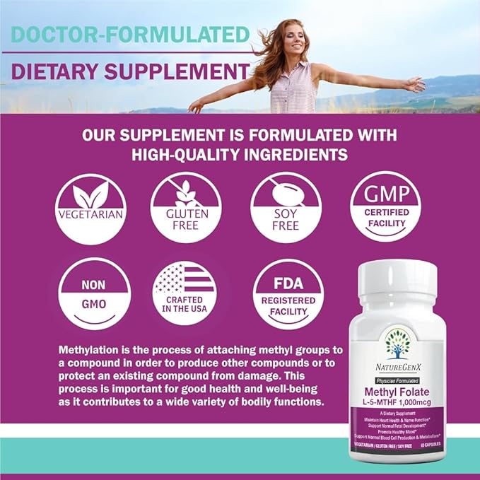 Methylfolate MTHRF Supplement - 1000 mcg Bioactive Vitamin B9 (5-MTHF) - Supports Pregnancy & Fetal Health - 60 Capsules - Gluten-Free