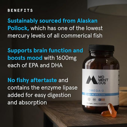 Momentous Omega 3 Fish Oil 1600mg - Daily Fish Oil Omega 3 Supplement for Women and Men with EPA & DHA - Supports Joint Health - NSF Certified, GMO-Free, Gluten Free, 30 Servings
