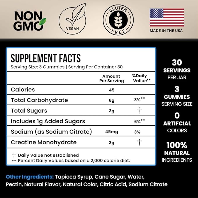 Creatine Infused Gummies, 90g of Creatine, Non-GMO, Vegan - Build Muscle & Boost Strength for Men & Women (1g Creatine Monohydrate Per Gummy) Made in USA