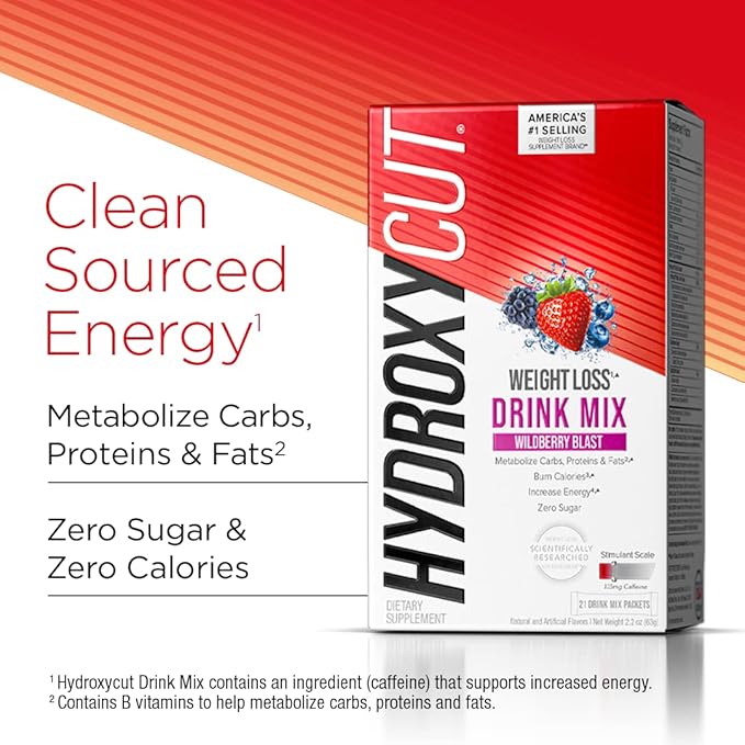 Hydroxycut Drink Mix, Wildberry Blast - 21 Travel-Size Packets - Zero Calories, Zero Sugar - Boost Metabolism, Burn Calories, Increase Energy - For Women & Men