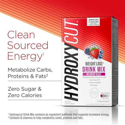 Hydroxycut Drink Mix, Wildberry Blast - 21 Travel-Size Packets - Zero Calories, Zero Sugar - Boost Metabolism, Burn Calories, Increase Energy - For Women & Men