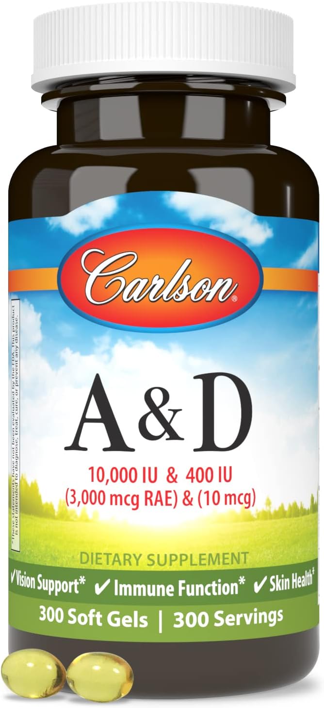 Carlson - A & D, 10000 IU (3000 mcg RAE) Vitamin A, 400 IU (10 mcg) Vitamin D3, Vision Support, Skin Health, 300 Soft Gels