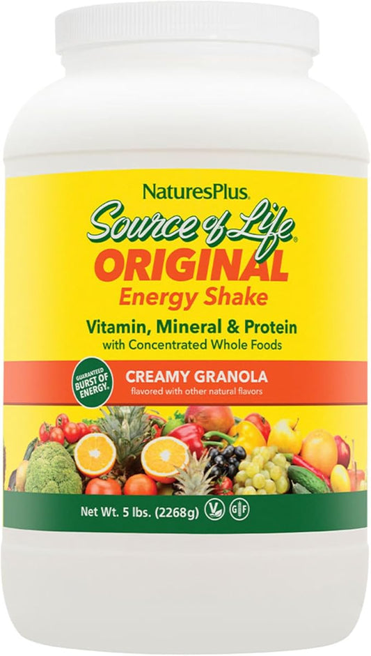 NaturesPlus Source of Life Energy Shake - 5 lbs, Vegetarian Drink Mix - Granola Flavor - Multivitamin, Mineral & Protein Powder - Whole Food Meal Replacement - Non-GMO, Gluten-Free - 58 Servings