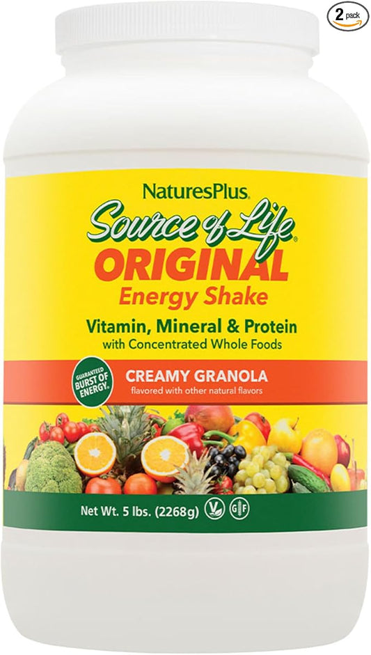Natures Plus Source of Life Energy Shake, Creamy Granola - 5 lbs, Pack of 2 - Provides 13g Complete Protein, Vitamins & Minerals - Non-GMO, Gluten Free, Vegetarian - 116 Total Servings