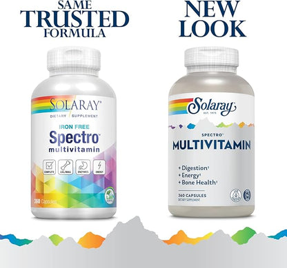SOLARAY Spectro Multivitamin, w/No Iron, Cal/Mag, Energizing Greens & Herbs w/Digestive Enzyme (60 Serv, 360 CT)