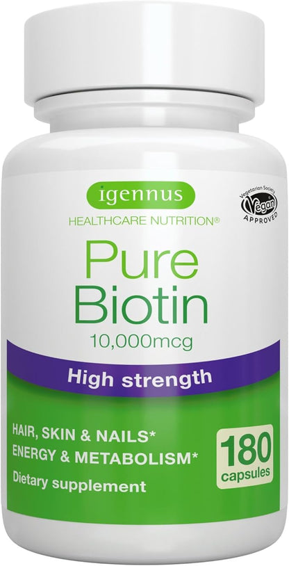 Pure Biotin 10,000mcg, Extra Strength Biotin, 180 Small Easy to Swallow Capsules, Vitamin B7, Clean Label, Lab Verified, & Vegan & Hypoallergenic, No After Taste or Smell, by Igennus