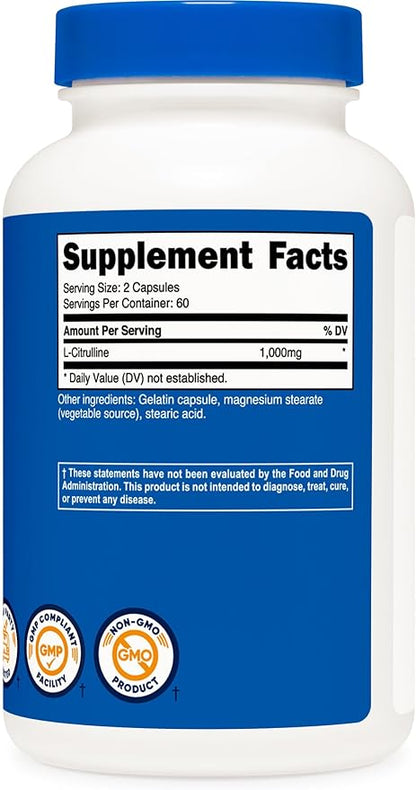 Nutricost L-Citrulline 500mg, 120 Capsules - Gluten Free, Non-GMO, 1000mg Per Serving (60 Serv)