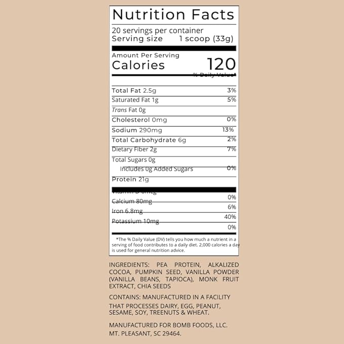 The Bomb Co. Bomb Plant Protein, Protein Powder with 21g Protein, Amino Acids, Zero Sugar, Pea Protein, Cocoa, Chia Seeds, Pumpkin Seeds, Vanilla & Monk Fruit, Gluten Free, Chocolate Flavor, 20 Srvgs