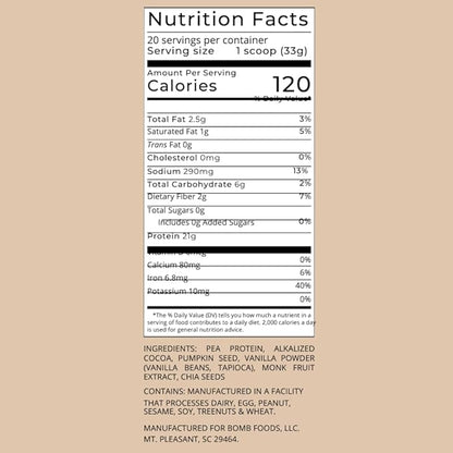 The Bomb Co. Bomb Plant Protein, Protein Powder with 21g Protein, Amino Acids, Zero Sugar, Pea Protein, Cocoa, Chia Seeds, Pumpkin Seeds, Vanilla & Monk Fruit, Gluten Free, Chocolate Flavor, 20 Srvgs