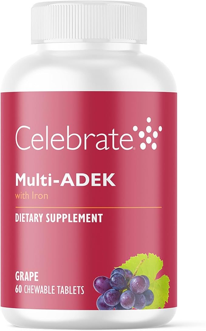 Celebrate Vitamins Multi ADEK Chewables, 60mg Iron - Daily Bariatric Multivitamin, Vitamins A, D, E, K & B12 for Duodenal Switch Surgery Patients - Grape (60 Tablets)
