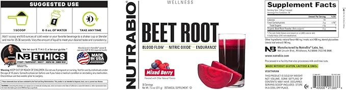 NutraBio Organic Beet Root Powder Superfood with Nitrates and Antioxidants - Super Beets- Supports Performance, Circulation, Blood Flow, and Overall Health - Non-GMO, Vegetarian, 30 Servings