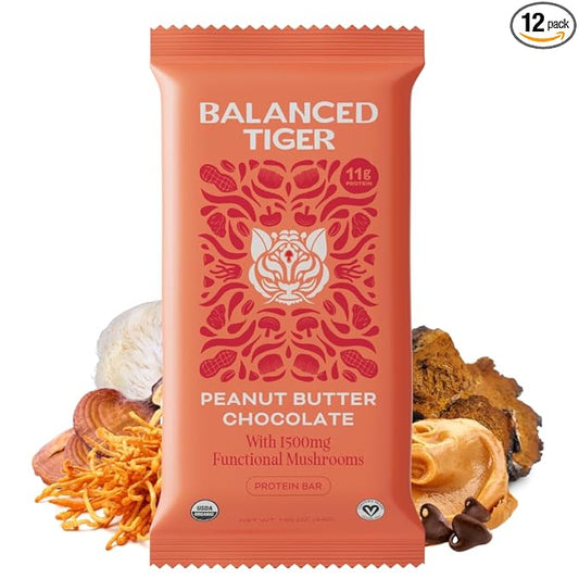 Organic Functional Mushroom Protein Bars | Full Dose (1500mg) Lions Mane, Chaga, Reishi & Cordyceps Bars | Vegan Protein Bars, Adaptogens, Superfoods Protein Bars | Peanut Butter Chocolate Flavor