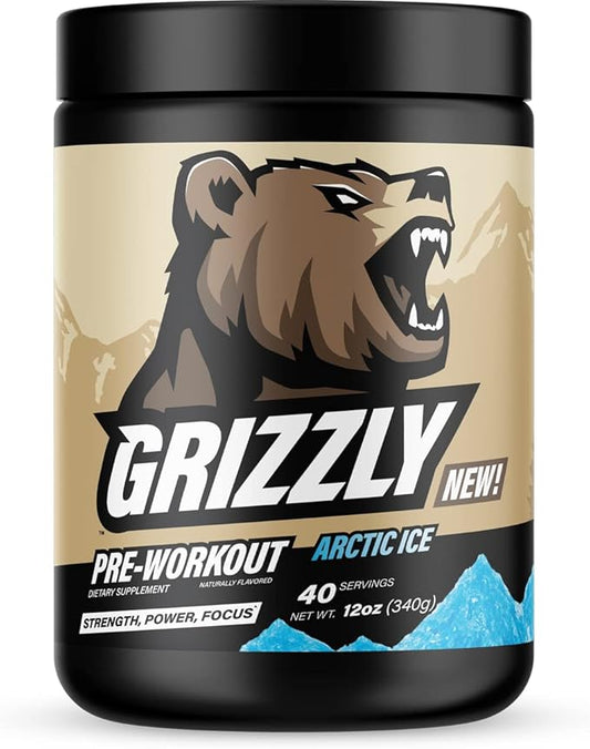 Grizzly Pre Workout Powder for Men & Women - Essential Aminos L-Citrulline & Beta Alanine Plus Caffeine - Preworkout Energy Drink Mix for Intense Power Focus & Pump - Arctic Ice - 40 Servings