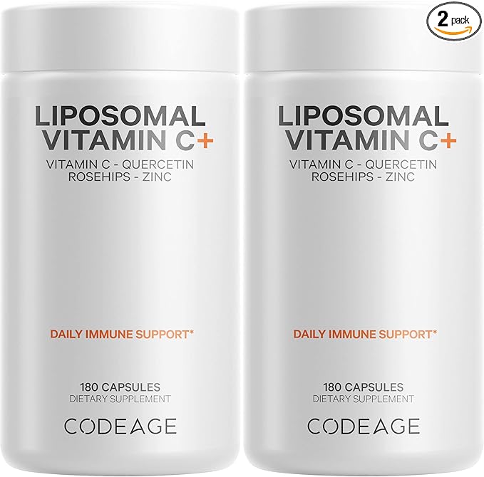 Codeage Liposomal Vitamin C 1500mg with Zinc, Elderberry, Citrus Bioflavonoids Grapefruit, Lemon, Orange Powder, Quercetin & Rose HIPS Fruit – Vegan Supplement - Non-GMO, Vegan Pills - 2 Pack