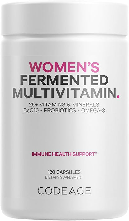 Codeage Women’s Daily Multivitamin, 25+ Vitamins & Minerals, Fermented, Organic Whole Foods, Probiotics Supplement - Vitamin A, Vitamin B, Vitamins C, D, E & K, Omega 3, Zinc – Vegan - 120 Capsules