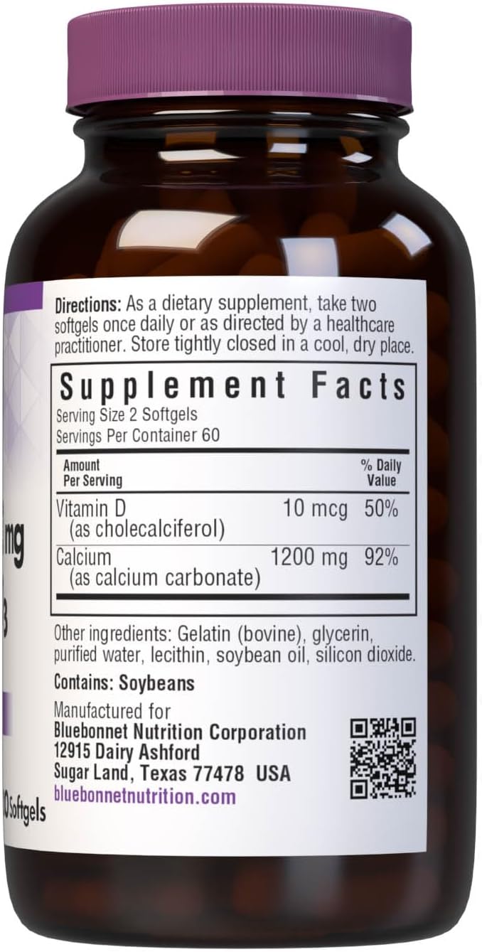 Bluebonnet Nutrition Milk-Free Calcium 1,200 mg Plus Vitamin D3 400 IU - High Potency, Maximum Absorption Strong Healthy Bones & Immune Health Support Supplement, Gluten-Free, Dairy-Free, 120 Softgels