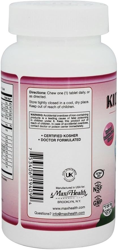 Maxi Health Chewable KiddieVite - One-a-Day Kids Multivitamin with 10 mg Iron, Zinc, Magnesium - Immune Support - Vitamins A, C, D3, E, B6, B12 - Bubble Gum Flavor - Kosher - 90 Chewies