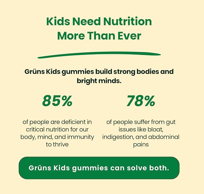 Gruns Kids Super Greens Gummies, Low Sugar - Superfood Gummy Bears with Spirulina, Chlorella & Prebiotics for Digestive Health - Adaptogens Supplement with 20 Vitamins & Minerals -1 Month Supply