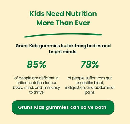 Gruns Kids Super Greens Gummies, Low Sugar - Superfood Gummy Bears with Spirulina, Chlorella & Prebiotics for Digestive Health - Adaptogens Supplement with 20 Vitamins & Minerals -1 Month Supply