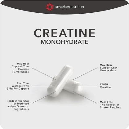Smarter Nutrition Creatine Monohydrate Pills with 2500mg (2.5g) Per Serving, Vegan Capsules - Pre & Post Workout Recovery Support, Promotes Muscle Mass &. Endurance - 120 Count[60-Day Supply]