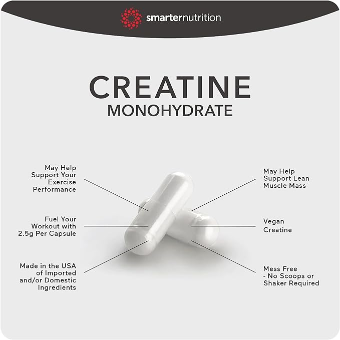 Smarter Nutrition Creatine Monohydrate Pills with 2500mg (2.5g) Per Serving, Vegan Capsules - Pre & Post Workout Recovery Support, Promotes Muscle Mass &. Endurance - 60 Count[30-Day Supply]