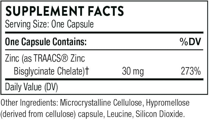 Thorne Zinc Bisglycinate 30mg - Daily Support for Skin, Eye & Immune System Health with Zinc Supplement Capsules - 60 Capsules