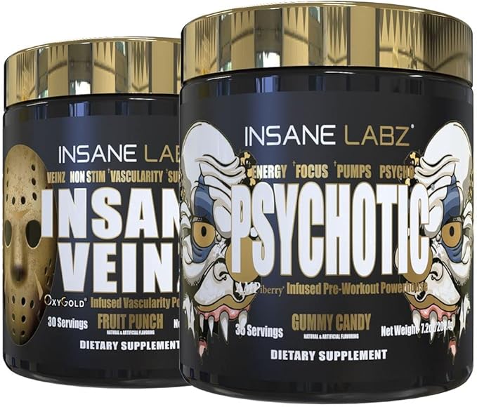 Insane Labz Psychotic Gold and Insane Veinz Gold Pre Workout Nitric Oxide Booster Stack, Increase Muscle Mass, Vascularity, Strength, Energy, Focus, Gummy Candy and Fruit Punch.