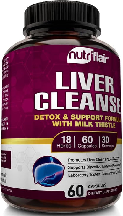 NutriFlair Liver Cleanse Detox & Repair Supplement with Milk Thistle, Turmeric, Dandelion, Artichoke Extract, Berberine HCL, Ginger - Liver Support and Liver Health, Non-GMO Pills, 60 Veggie Capsules