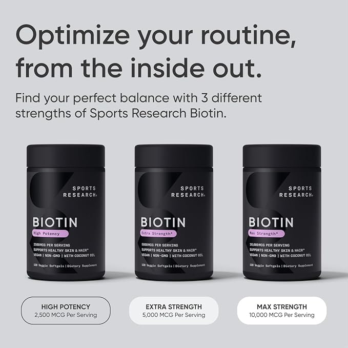 Sports Research Vegan Biotin 5000mcg with Organic Coconut Oil - Extra Strength Biotin Vitamin B7 for Healthier Hair & Skin + Keratin Support - Non-GMO & Gluten Free, 120 Softgels (4 Month Supply)