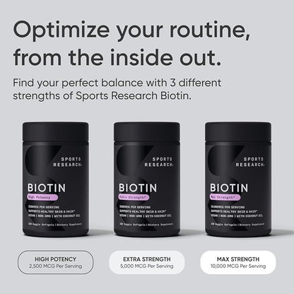 Sports Research Vegan Biotin 5000mcg with Organic Coconut Oil - Extra Strength Biotin Vitamin B7 for Healthier Hair & Skin + Keratin Support - Non-GMO & Gluten Free, 120 Softgels (4 Month Supply)