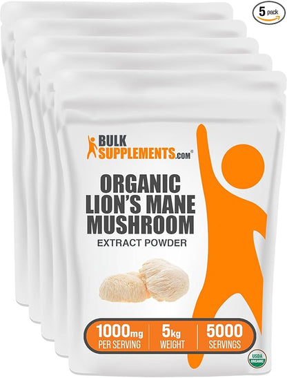 BulkSupplements.com Organic Lion's Mane Mushroom Extract Powder - Lions Mane Supplement Powder, Lion's Mane Extract - Mushroom Supplement, 1000mg per Serving, 5kg (11 lbs) (Pack of 5)
