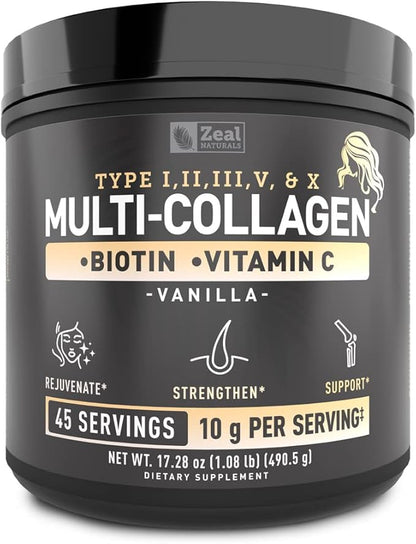 Premium Multi Collagen Peptides Protein Powder (1, 2, 3, 5 & 10) with Vitamin C, Biotin, Hyaluronic Acid, for Hair Skin and Nails - Marine, Bovine, Chicken & Eggshell (Vanilla, 45 Servings)