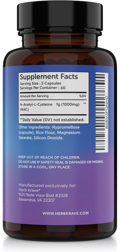 NAC Supplement N-Acetyl Cysteine 1000 mg, Amino Acid, Natural Antioxidant, Support for Liver, Lung, Immune System, Fertility | 120 N-Acetyl-L-Cysteine Capsule