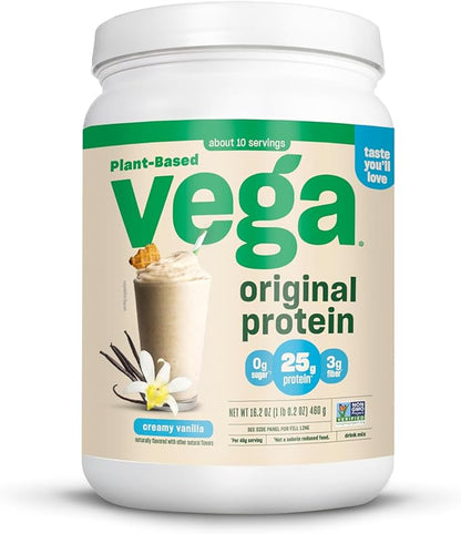 Vega Original Protein Powder, Creamy Vanilla Plant Based Protein Drink Mix for Water, Milk and Smoothies, 16 oz (Packaging May Vary)