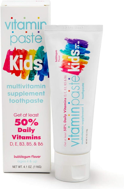 Kids Toothpaste with Daily Multivitamins B3, B5, B6, D, E, Xylitol, Calcium, Fluoride Free, Fresh Breath, Fights Tarter, Anti-Cavity, Safe to Swallow, 4.1oz, Bubble Gum Flavor
