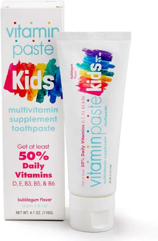 Kids Toothpaste with Daily Multivitamins B3, B5, B6, D, E, Xylitol, Calcium, Fluoride Free, Fresh Breath, Fights Tarter, Anti-Cavity, Safe to Swallow, 4.1oz, Bubble Gum Flavor