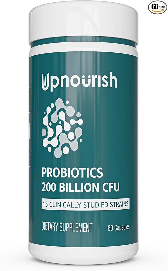 UpNourish Probiotics - 200 Billion CFUs, 15 Strains, Prebiotics & Enzymes - 60 Vegan Capsules