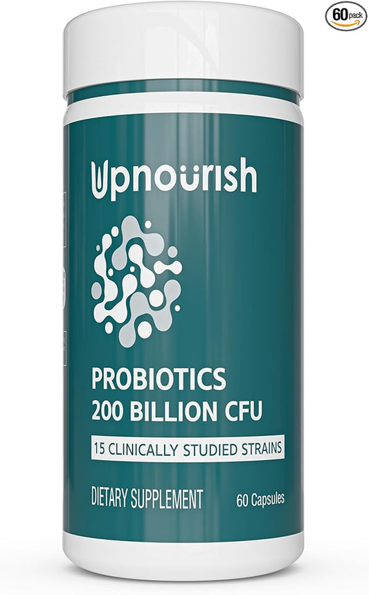 UpNourish Probiotics - 200 Billion CFUs, 15 Strains, Prebiotics & Enzymes - 60 Vegan Capsules