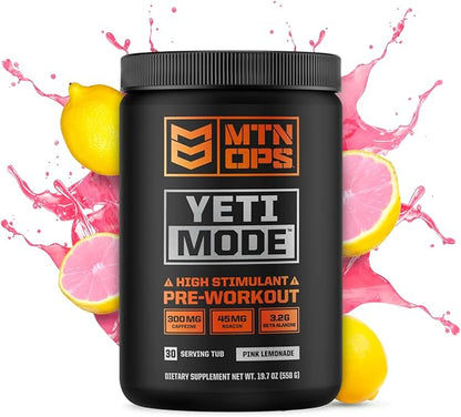 MTN OPS Yeti Mode Pre-Workout Powder - Explosive High-Stimulant with 300mg Caffeine, Creatine Monohydrate, Beta-Alanine, and 45mg Niacin - Pink Lemonade Flavor in 30 Serving Tub