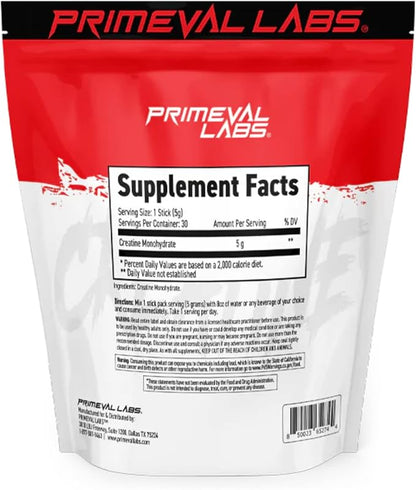 Primeval Labs Creatine Monohydrate Powder | On The Go Stick Packs | Micronized Creatine | Instantized Creatine | Creatine for Men & Women | 5g Creatine per Serving | 30 Servings, (Unflavored)